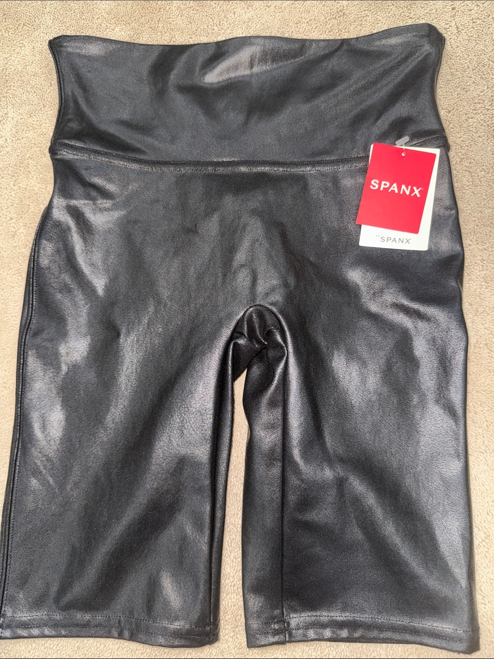 SPANX Black Faux Leather High-Waist Shaping Biker Shorts